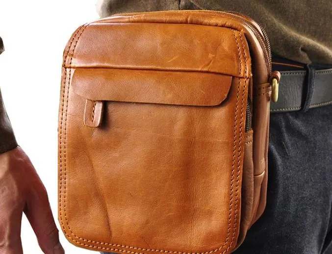 Contemporary Design Chic Geometry Small Mens Leather Belt Pouch Side Bag Belt Case Waist Pouch Holster for Men