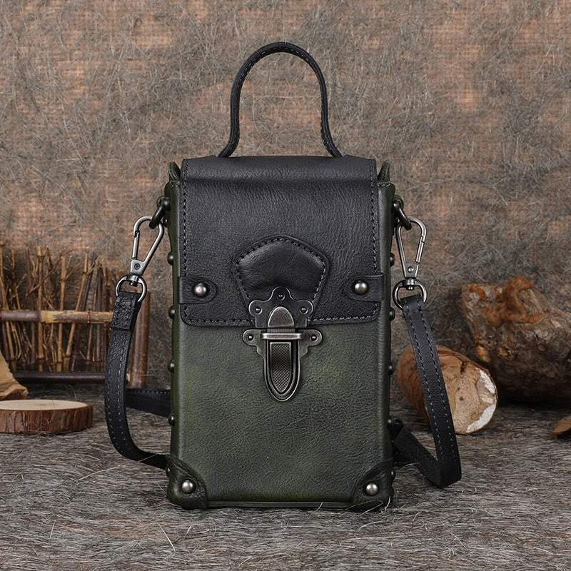 Leather Womens Small Box Shoulder Bag Cube Small Handmade Handbag Purse for Ladies Compact Travel