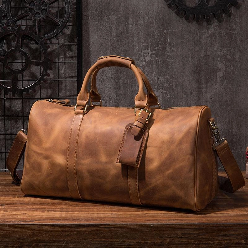 Expandable Structure Cool Leather Mens Overnight Bag Weekender Bags Vintage Travel Bags Duffle Bags for Men
