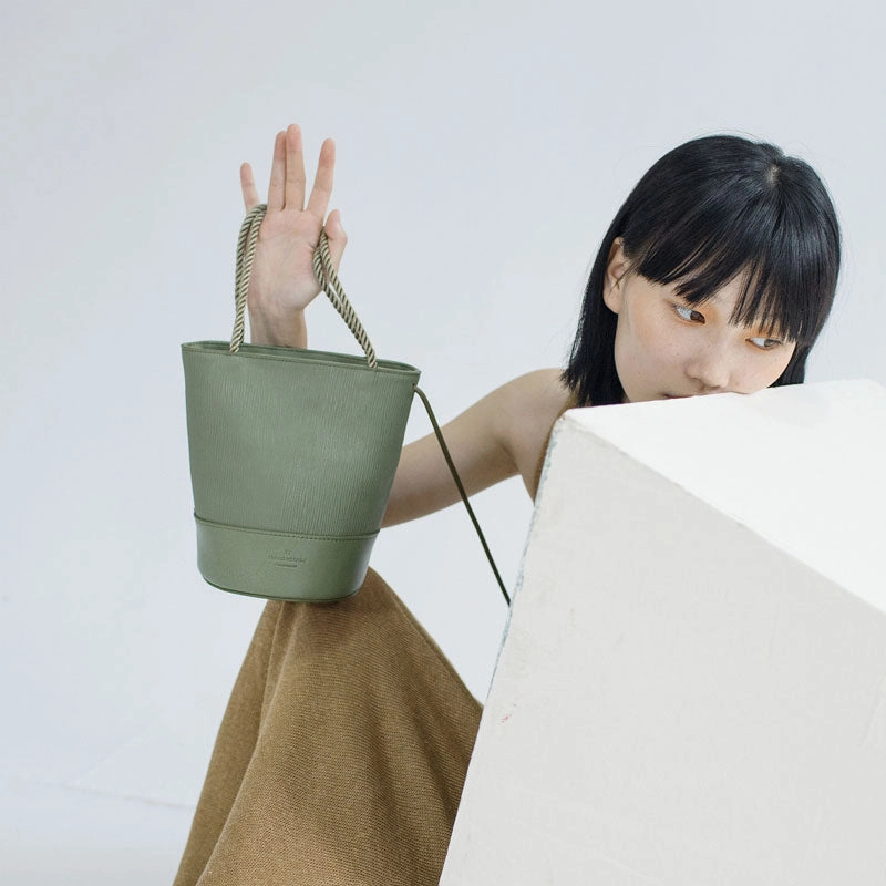 Cute Leather Green Womens Mini Bucket Purse Handbag Barrel Shoulder Bag for Women Compact Fit