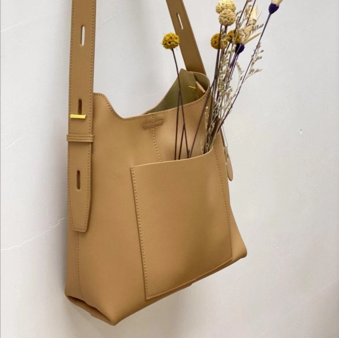 Classic Work Accessory Soft Leather Minimalist Bucket Bag | Lady Chic Leather Purse | Fashion Leather Shoulder Bag | Gift For Her