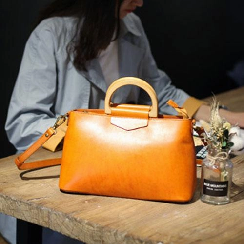 Smart Edge Vintage Womens Brown Leather Structured Handbag Black Wooden Top Handle Satchel Shoulder Bag Purse