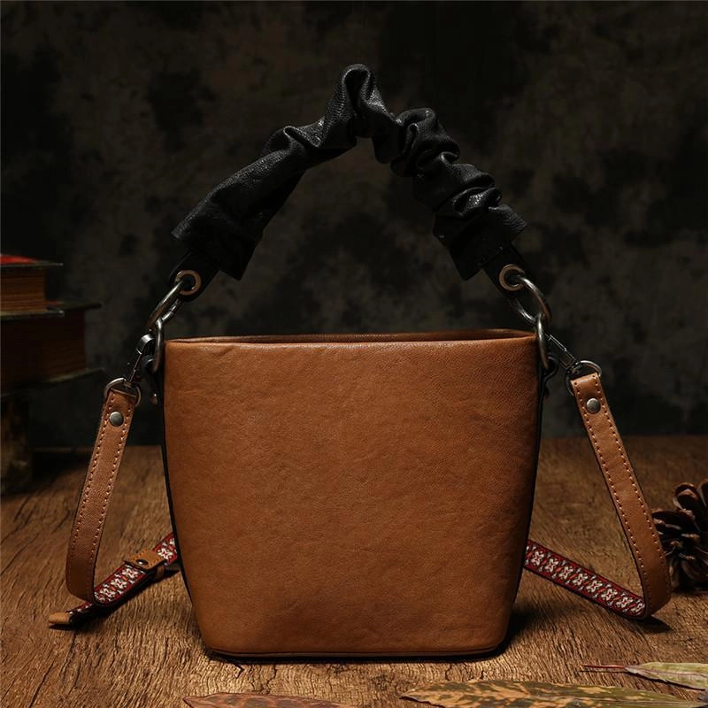 Brown Womens Leather Small Bucket Handbag Red Small Barrel Shoulder Purse for Ladies Unisex Appeal