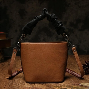 Elegant Silhouette Brown Womens Leather Small Bucket Handbag Red Small Barrel Shoulder Purse for Ladies