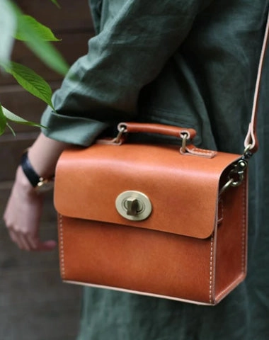 Brown Womens Leather Square Satchel Side Bag School Bag Handle Satchel Handbag Purse Bag Chic Finish Classic Feature