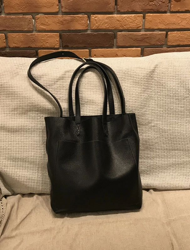 Casual Travel Smart Street Fashion Womens Brown Leather Vertical Tote Bag Black Shoulder Tote Bag Handbag Tote For Women