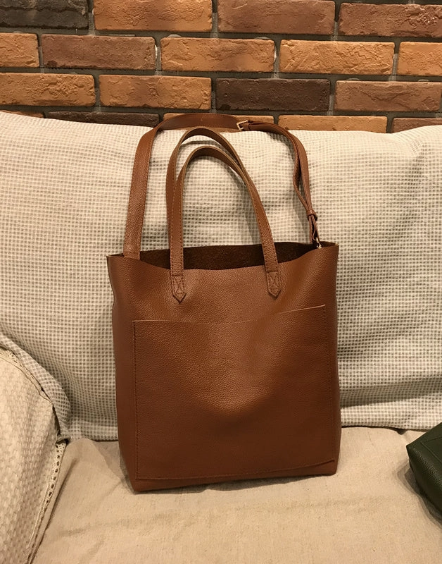 Trendy Accessory Fashion Womens Brown Leather Vertical Tote Bag Black Shoulder Tote Bag Handbag Tote For Women