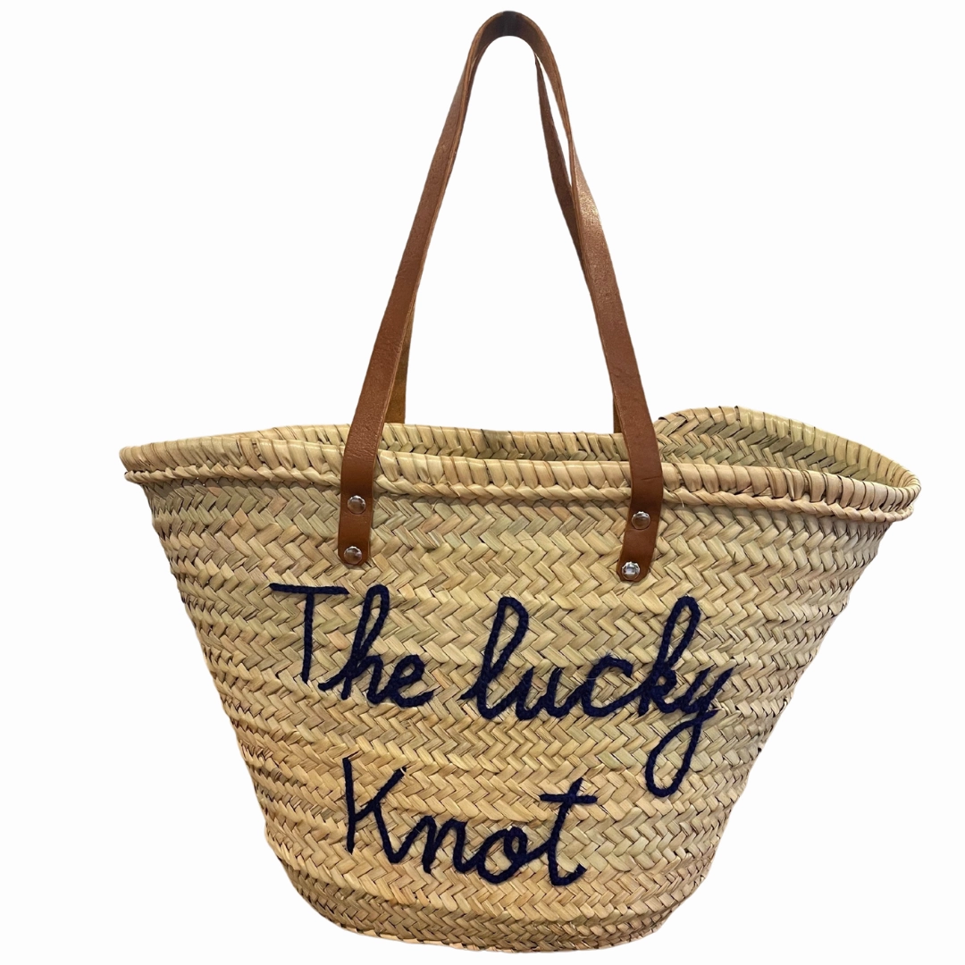 Gold Hardware Smart Elegance Lucky Knot Monogrammed Straw Bag - Navy