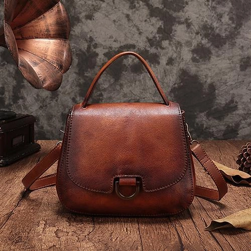 Elegant Grey Classic Form Vintage Womens Brown Leather Small Handbag Shoulder Bag Dome Satchel Purse Bag for Ladies