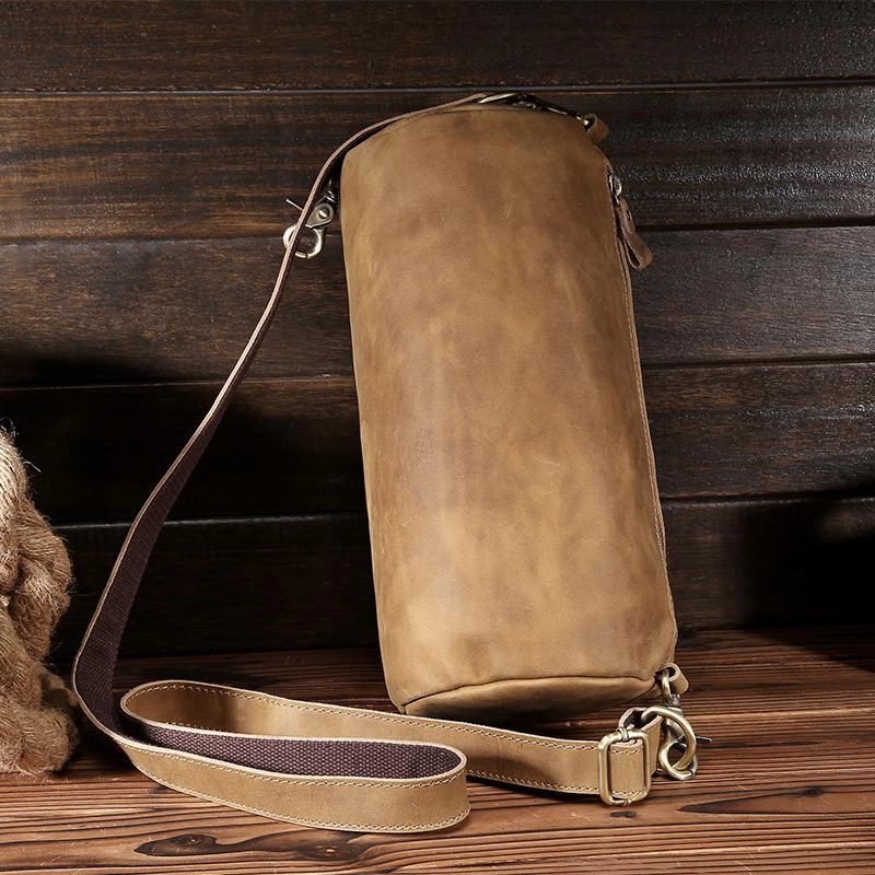 Light Brown Leather Mens Barrel Shoulder Bag Side Bag Messenger Bag For Men Portable Comfort Minimalist Travel