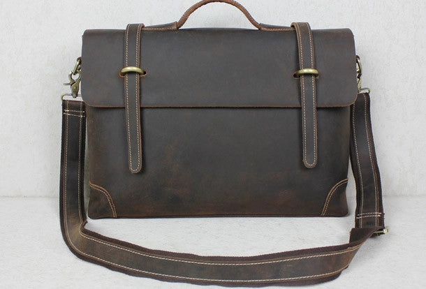 Simple Functionality Handmade leather men Briefcase messenger coffee brown shoulder laptop 14 inch bag vintage bag