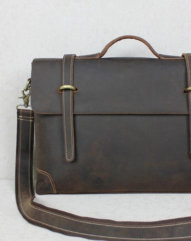 Work Travel Handmade leather men Briefcase messenger coffee brown shoulder laptop 14 inch bag vintage bag