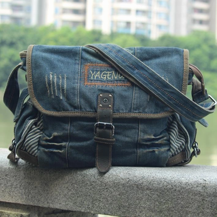 Outdoor journey Blue Denim Mens Fashion Messenger Bags Large Jean Blue Shoulder Bag Postman Bags Courier Bag For Men
