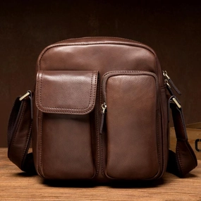 Cool Black Leather Small Courier Bags Brown Vertical Messenger Bag Postman Bag for Men Everyday Necessity Minimalist Function