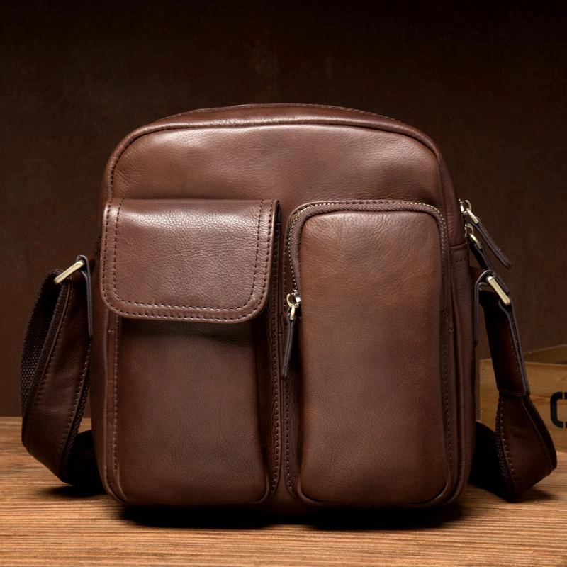 Cool Black Leather Small Courier Bags Brown Vertical Messenger Bag Postman Bag for Men Everyday Necessity Minimalist Function