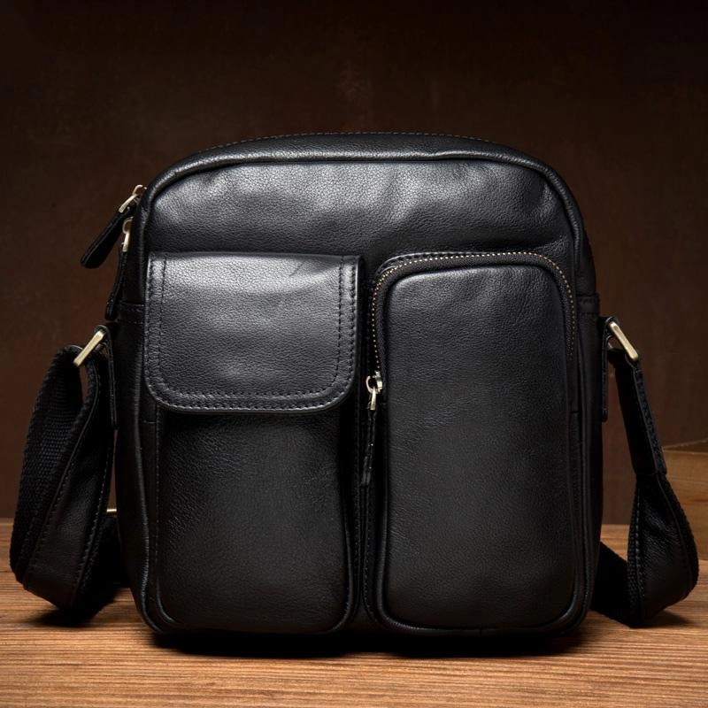 Cool Black Leather Small Courier Bags Brown Vertical Messenger Bag Postman Bag for Men Compact Versatility