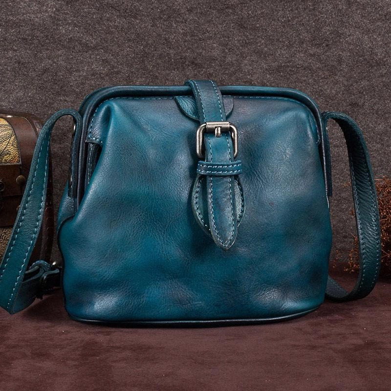 Blue Small Womens Leather Doctor Shoulder Bag Female Brown Doctor Bag Style Purse for Ladies Casual Look