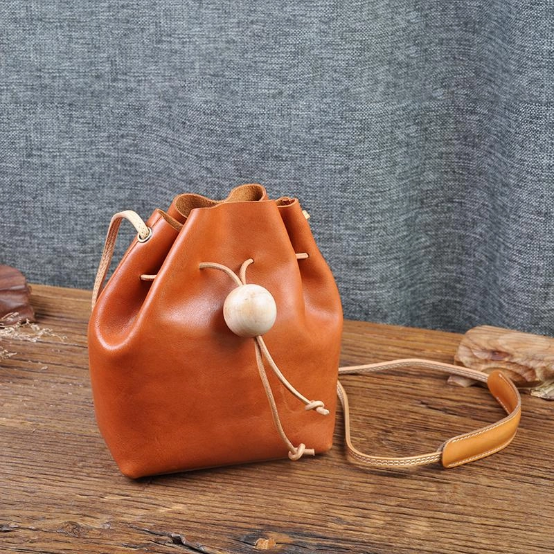 Cute Womens Green Leather Small Bucket Shoulder Bag Drawstring Green Small Bucket Crossbody Purse Everyday Use