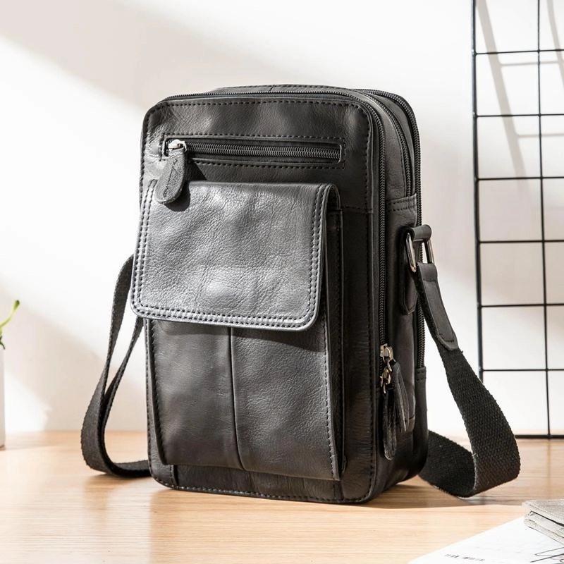 Black Casual Leather Mens Vertical Side Bag Black Messenger Bags Postman Bag Courier Bag for Men Street Fashion Comfort Carry