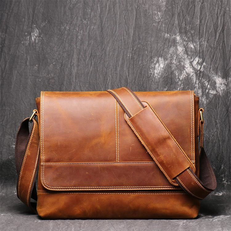 Brown Leather Mens 12 inches Large Laptop Side Bag Courier Bag Messenger Bag Postman Bag For Men Urban Organizer