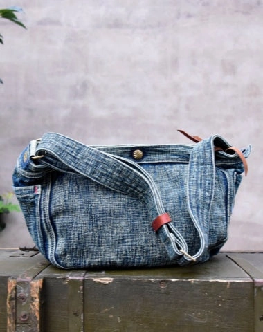 Urban Adventure Gear Large Denim Crossbody Bag for Men Washed Distressed Large Jeans Shoulder Bag Blue Denim Messenger Bag