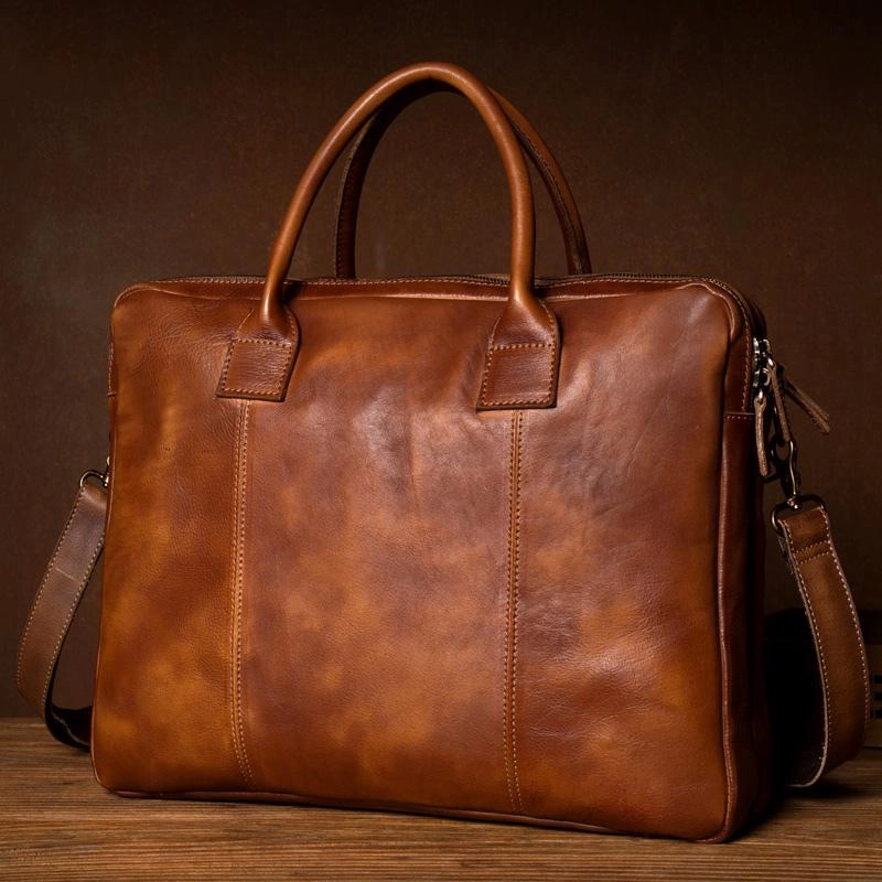 Casual Aesthetic Vintage Brown Leather Mens 15 inches Briefcase Laptop Black HandBag Business Side Bag Work Bag for Men