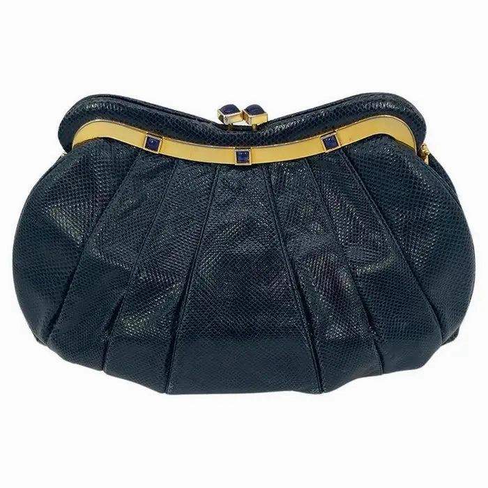 Contemporary Detailing Judith Leiber Navy Lizard Lapis Stone Clutch