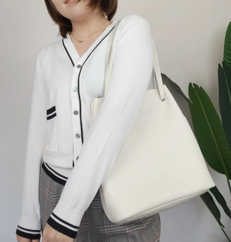 Fashion Womens Khaki Leather Tote Bag Vertical Coffee Shoulder Tote Bag Bucket Tote For Women Urban Minimal Style