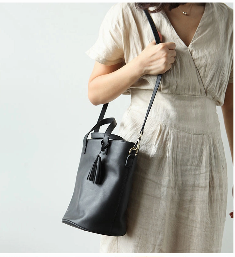 Urban Accessory Stylish LEATHER WOMEN Large Bucket Handbag Barrel SHOULDER BAG Crossbody Purse FOR WOMEN