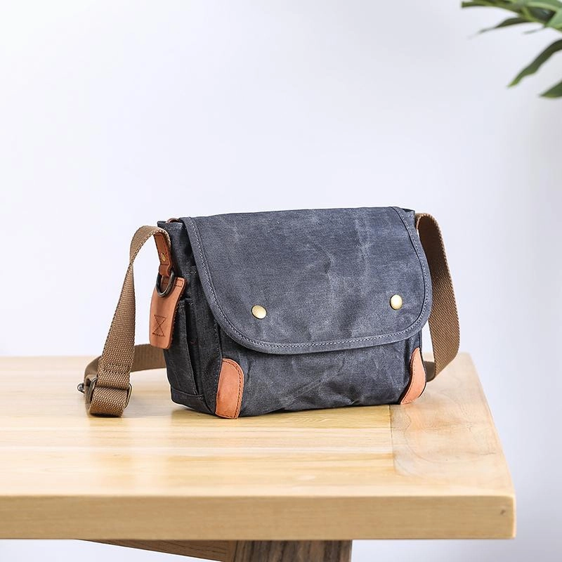 Urban Carry Wax Canvas Leather Mens Dark Gray Small Side Bag Courier Bag Khaki Messenger Bag for Men