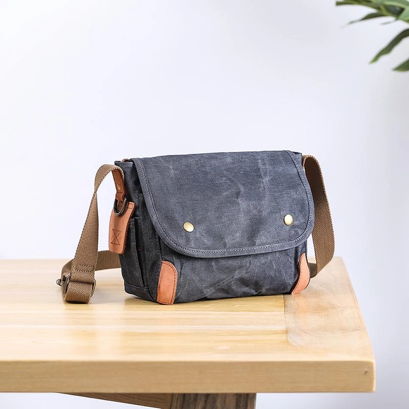 Wax Canvas Leather Mens Dark Gray Small Side Bag Courier Bag Khaki Messenger Bag for Men Durable Construction