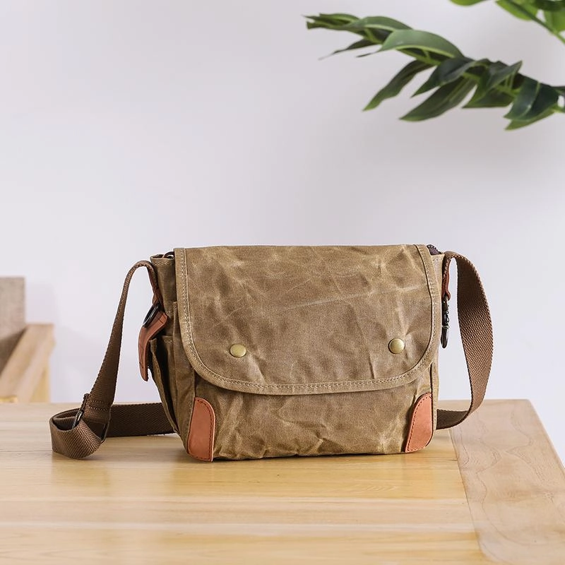 Wax Canvas Leather Mens Dark Gray Small Side Bag Courier Bag Khaki Messenger Bag for Men Compact Comfort