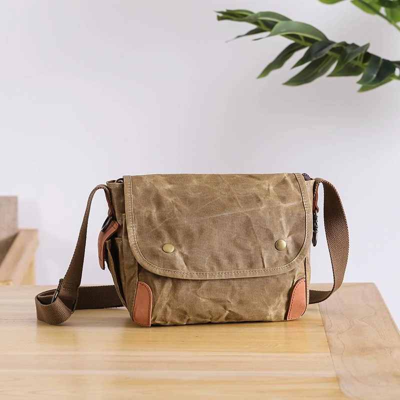Wax Canvas Leather Mens Dark Gray Small Side Bag Courier Bag Khaki Messenger Bag for Men Outdoor Travel