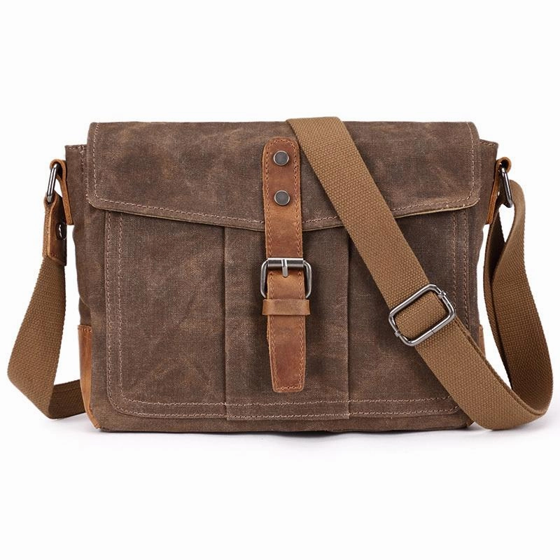 Modern Lifestyle Cool Waxed Canvas Leather Mens Casual Green Gray Motorcycle Side Bag Messenger Bag Backpack For Men