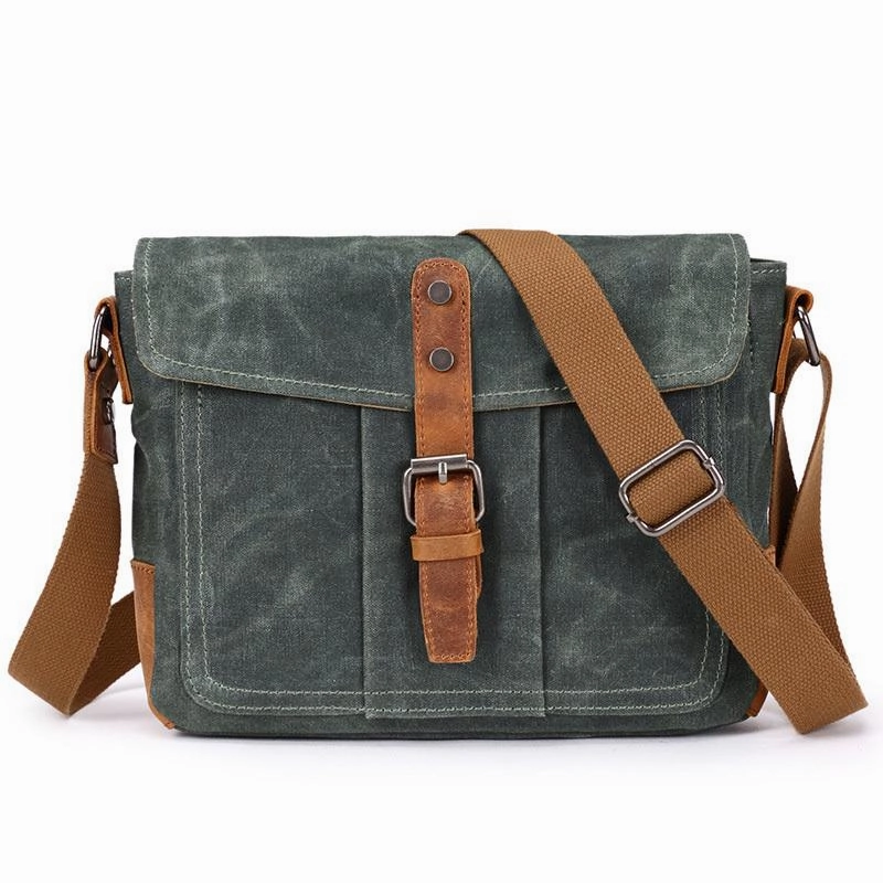 Cool Waxed Canvas Leather Mens Casual Green Gray Motorcycle Side Bag Messenger Bag Backpack For Men Simple Carry Minimal Utility