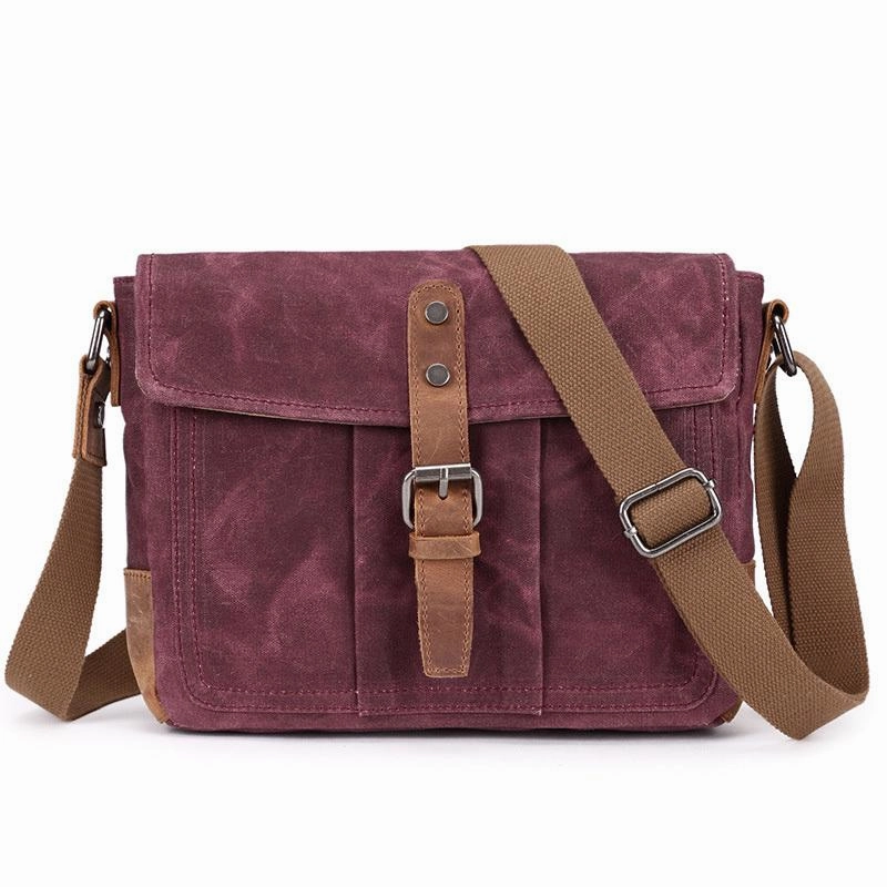 Cool Waxed Canvas Leather Mens Casual Green Gray Motorcycle Side Bag Messenger Bag Backpack For Men Compact Carry