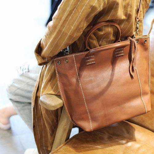 Refined Finish Functional Pocket Stylish Womens Brown Leather Shopper Tote Bag Brown Leather Tote Handbag Shoulder Bag With Zipper