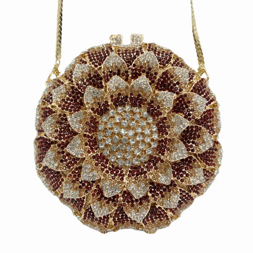 Luxury Detail Sunflower Rhinestone Evening Bag, Bridal Wedding Clutch, Handcrafted Floral Party Bag, Crystal Clutch Purse for Formal Events