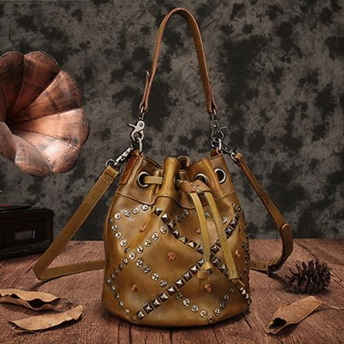 Boho Inspired Look Elegant Workwear Choice Tan Leather Womens Bucket Handbag Shoulder Bag Studded Western Brown Leather Shoulder Barrel Bag Purse