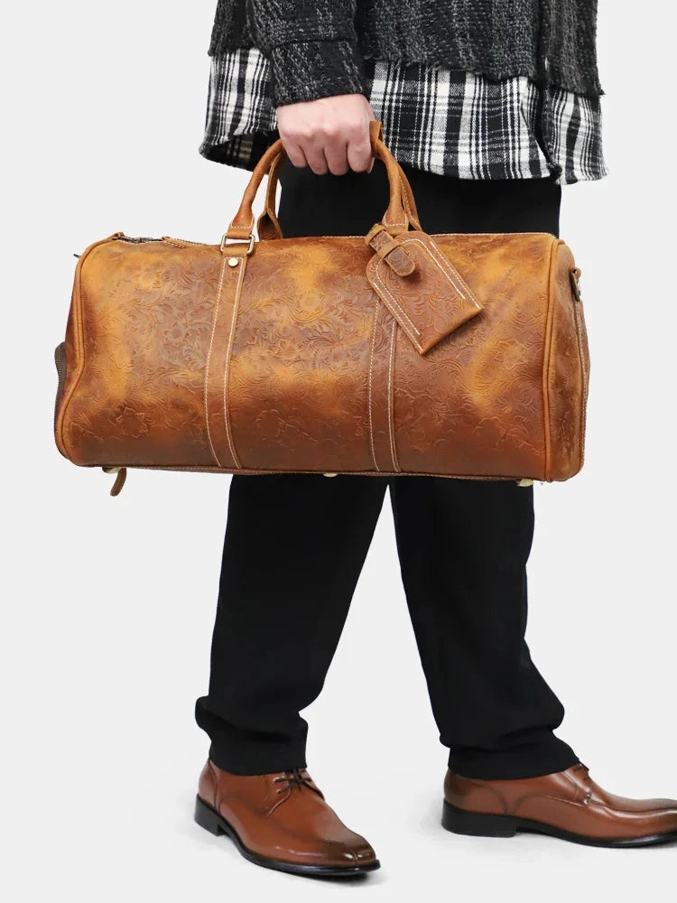 The Embossed Weekender | Handmade Full Grain Crazy Horse Leather Duffle Bag, Vintage Weekender Travel Bag for Men & Women  | Carry-On Gym Overnight Bag, Ladies Leather Travel Bag Organized Gear