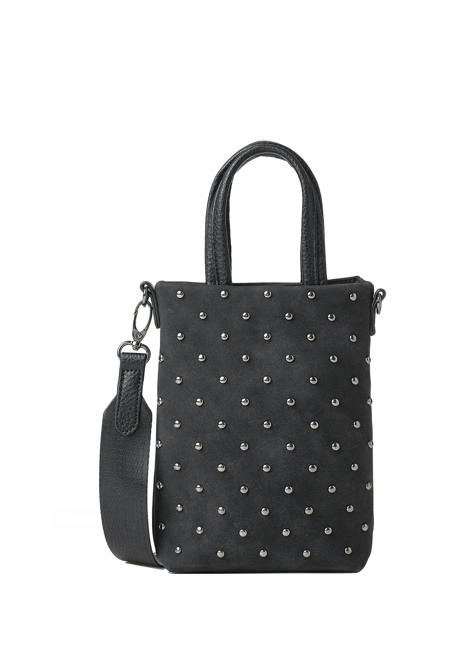 Soft exterior material provides a comfortable carrying experience Keeps your hands free while providing easy access to essentials Mila Black Studded Suede Phone Crossbody Bag