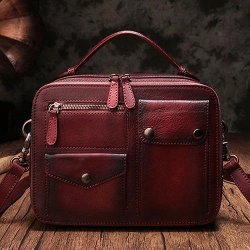 Vintage Womens Red Leather Satchel Shoulder Bag School Handbag Shoulder Purse for Girls Light Carry