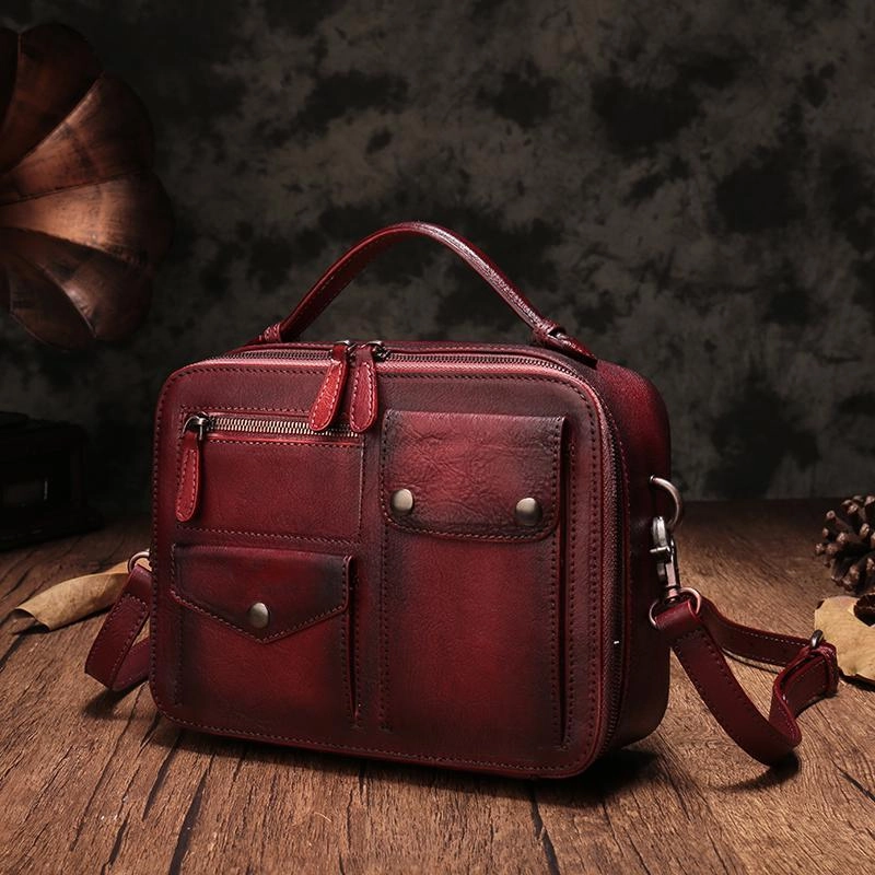 Vintage Womens Red Leather Satchel Shoulder Bag School Handbag Shoulder Purse for Girls Business Ready