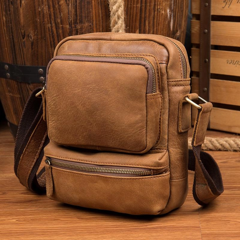 Outdoor Adventure Gear Cool Khaki Leather 10 inches Vertical Side Bag Messenger Bag Tan Courier Bag for Men