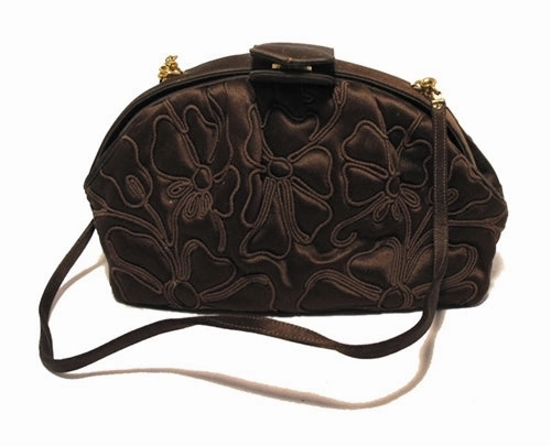 Bold Look Timeless Beauty Judith Leiber Brown Silk Embroidered Vintage Pouchette