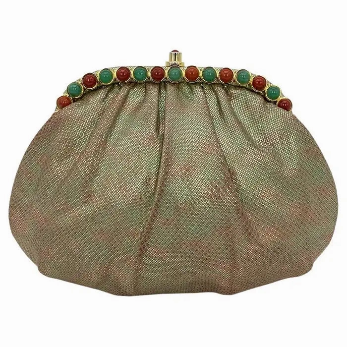 Judith Leiber Pink and Green Metallic Lizard Clutch Glamorous touch Elegant Attire