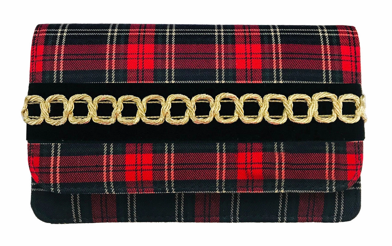Lisi Lerch Willow Clutch - Red Plaid with Gold Trim Refined Accent Spacious travel pouch