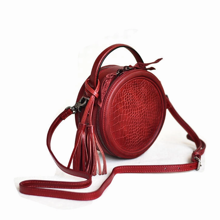 Womens Brown Leather Round Crossbody Bag Crocodile Pattern Vintage Round Handbag Shoulder Bag for Women Light Carry
