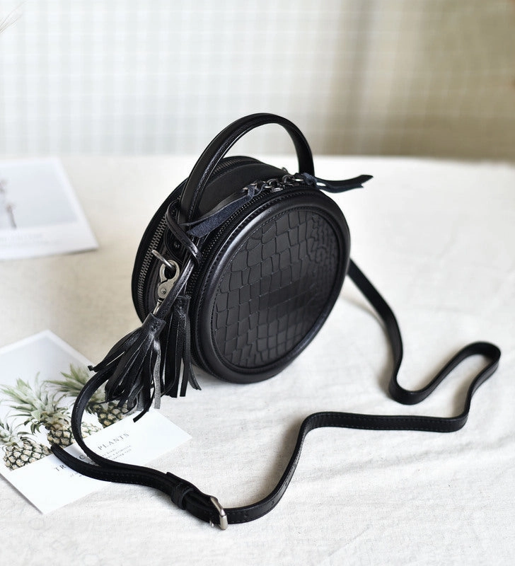 Womens Brown Leather Round Crossbody Bag Crocodile Pattern Vintage Round Handbag Shoulder Bag for Women Modern Accessory