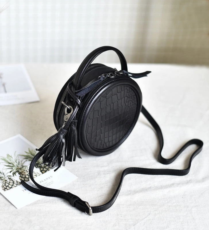 Everyday Look Office Outfit Womens Brown Leather Round Crossbody Bag Crocodile Pattern Vintage Round Handbag Shoulder Bag for Women